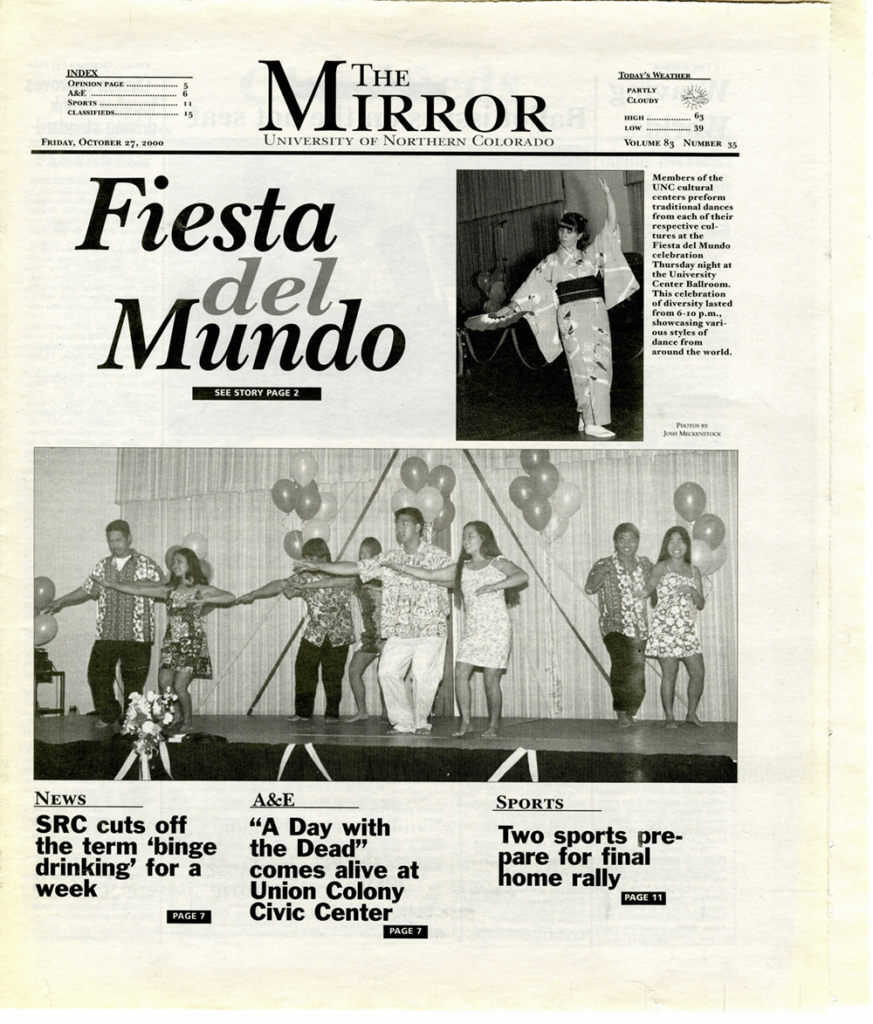 A very old and yellowed news article from UNC Mirror in the year 2000. The title reads Fiesta del Mundo.