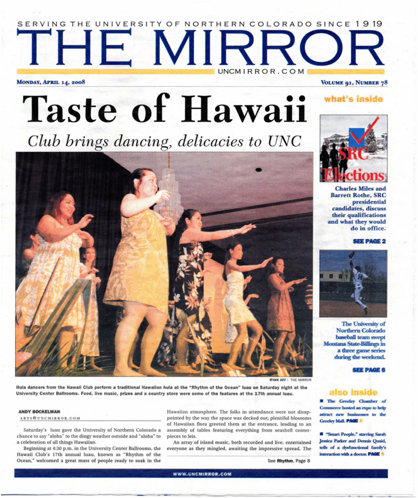 News article from UNC Mirror. The photo shows several women perform a traditional Hawaiin dance on a stage. The title of the article reads Taste of Hawaii and the subtitle reads Club brings dancing, delicacies to UNC.