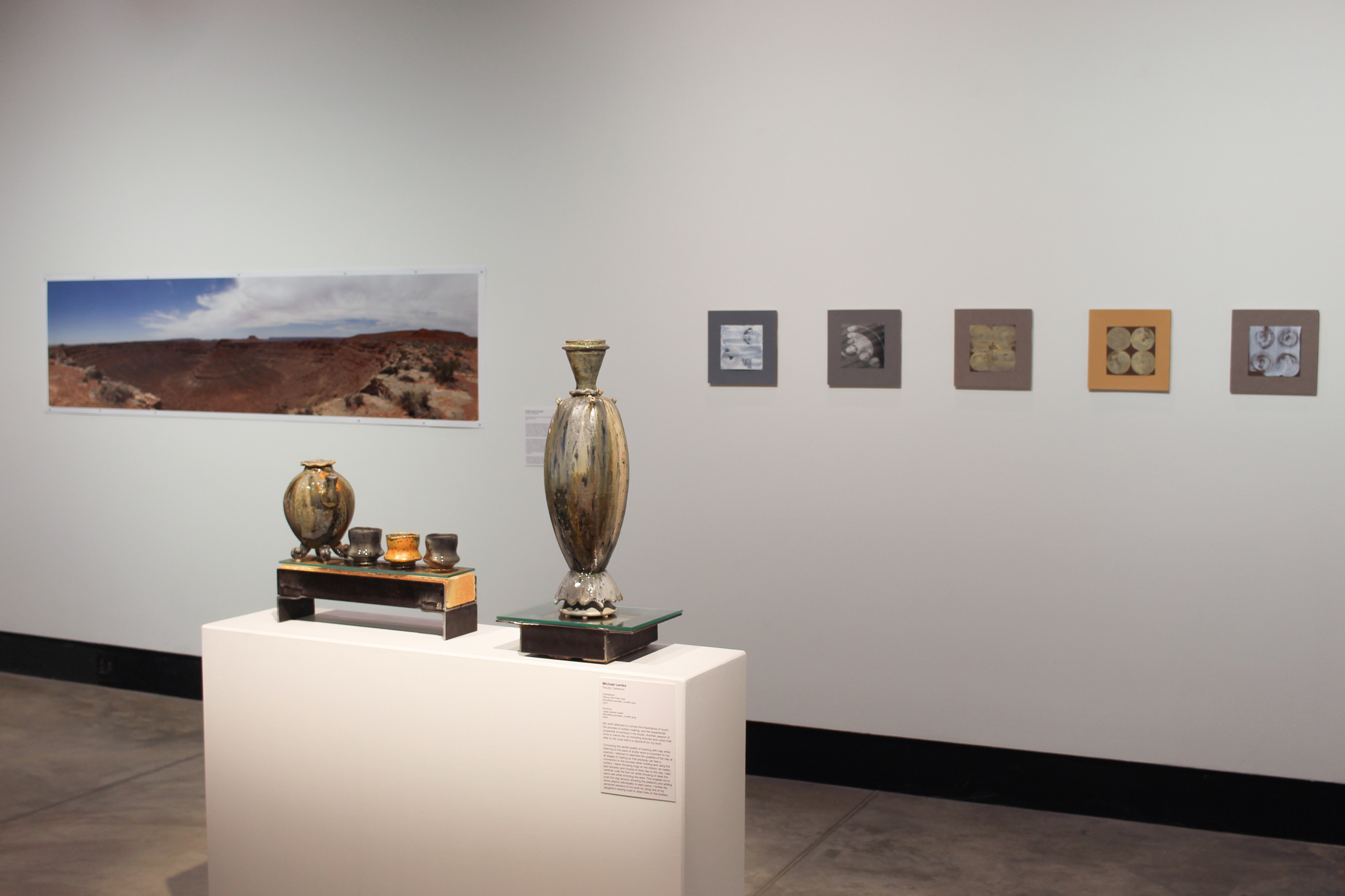 Artwork on view in the Creative Currents faculty art exhibition.