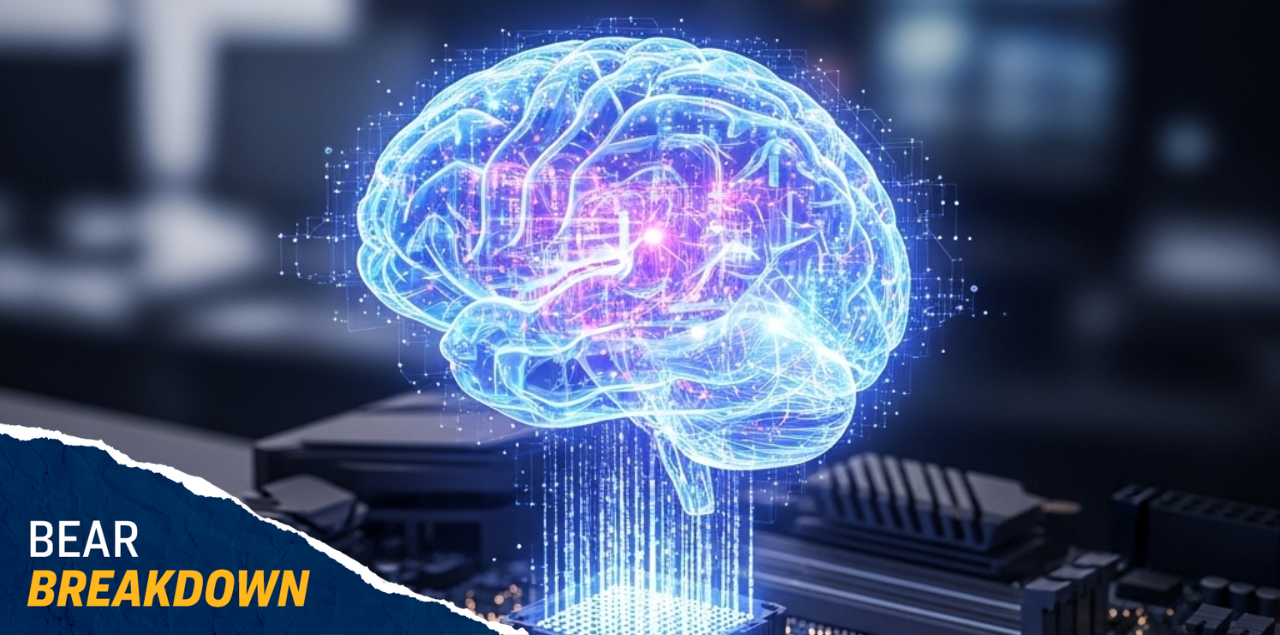 A virtual brain hovering over a computer motherboard