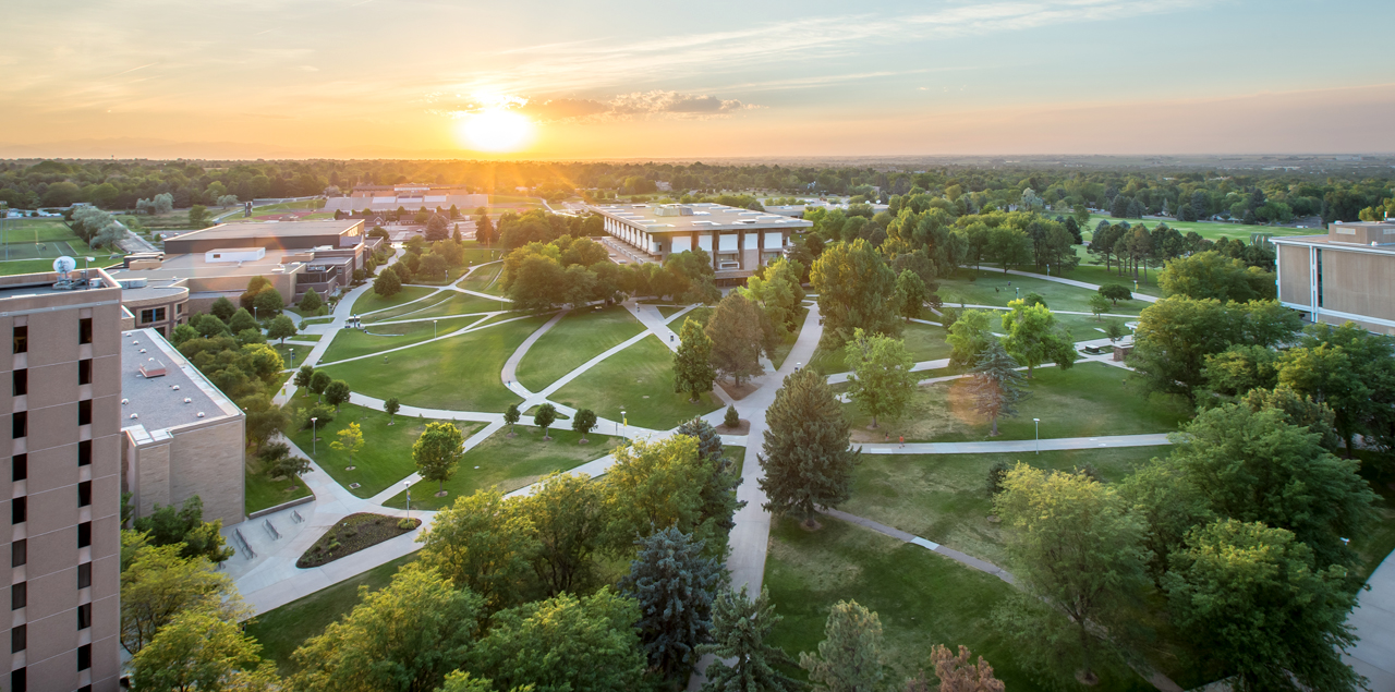 A photo looking down on UNC's West Campus at dusk in the spring.