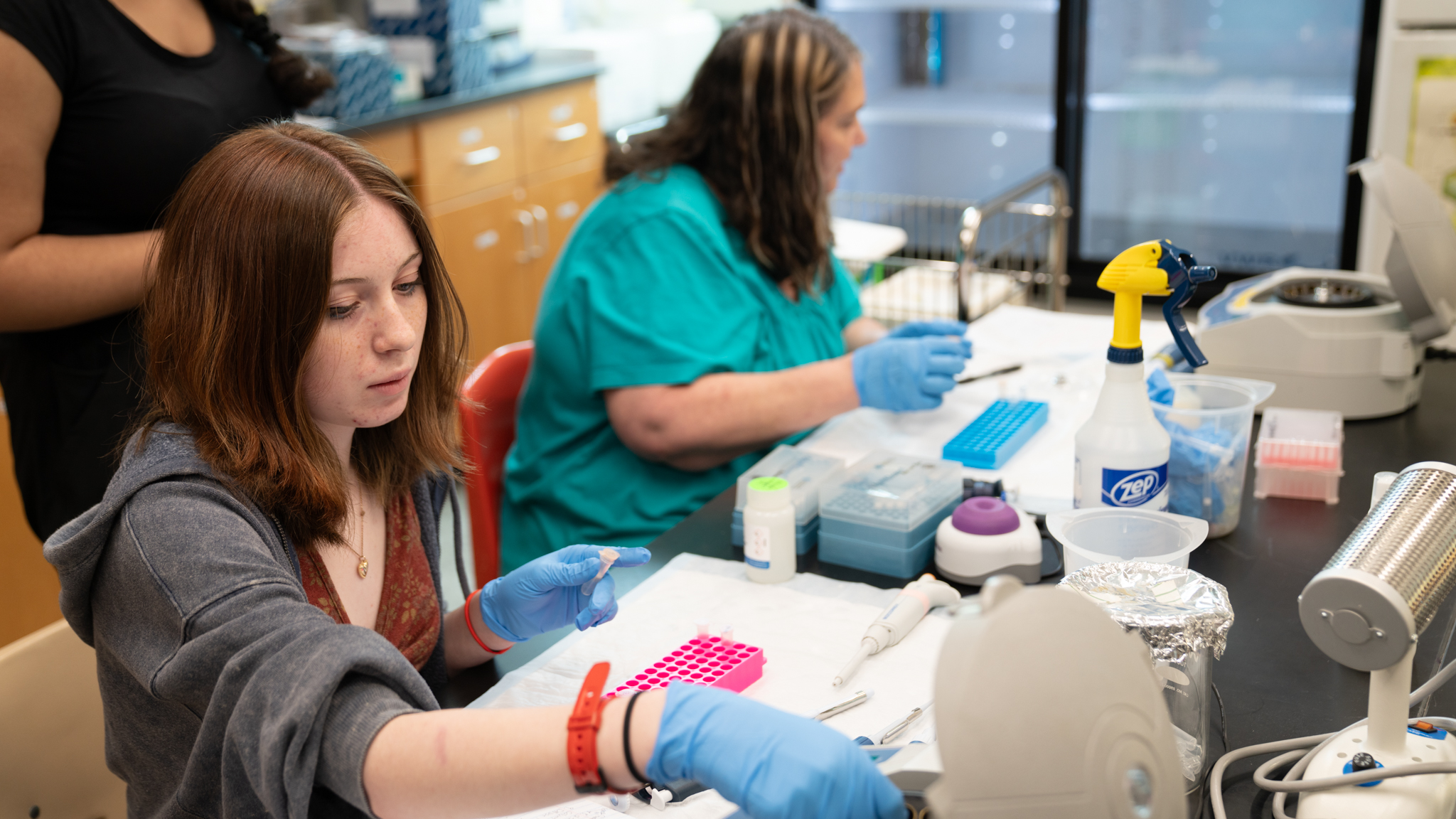 Student and professor conducting studies on plant samples in botany lab