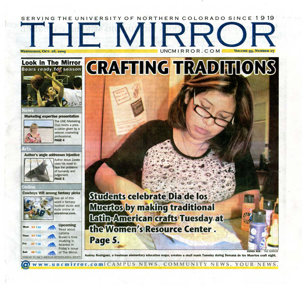 An article from UNC Mirror. The title reads Crafting Traditions and the subtitle reads Students Celebrate Dia de los Muertos by making traditional Latin-American crafts Tuesday at the Women's Resource Center.