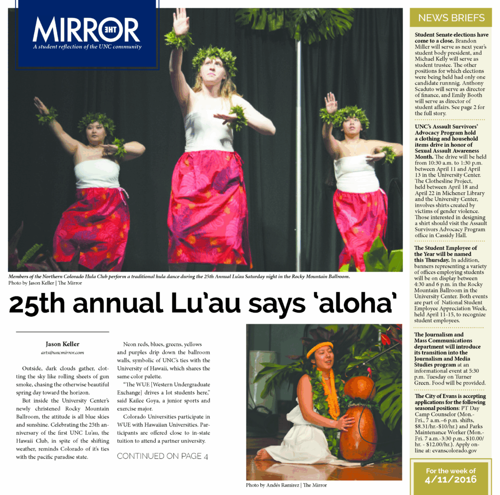 A magazine article with three students in Hawainn clothes. The articles title reads 25th annual Lu'au says aloha.