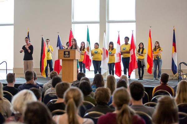 Student team on stage for World Language Day