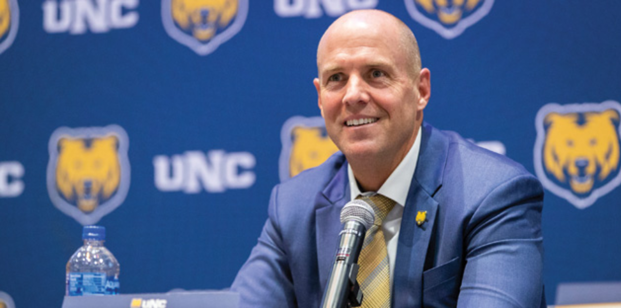 UNC football head coach Ed Lamb at a press conference.
