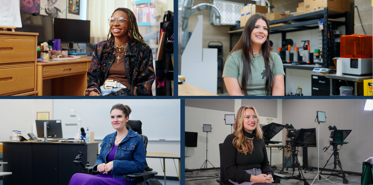 A picture with four graduates sitting in chairs in each corner of the image