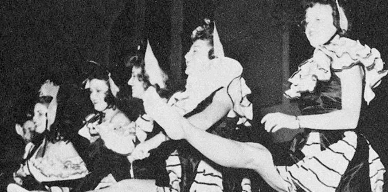 UNC students from 1949 dancing onstage for the Hellzabruin talent competition.