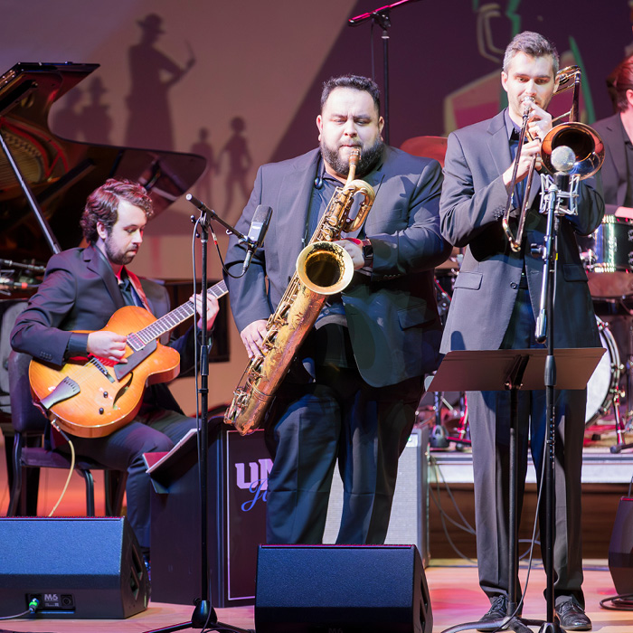 Compass Jazz Orchestra instrumentalists playing solos during UNC•Greeley Jazz Festival.