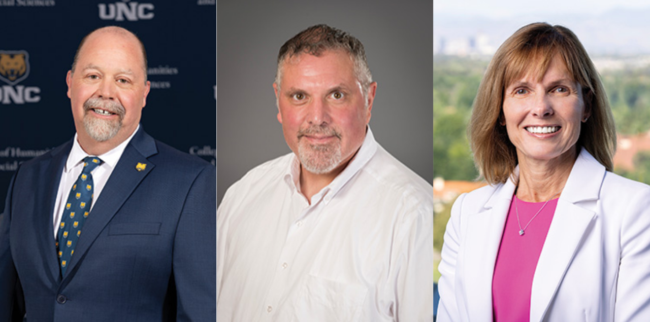 A collage photo of the three new UNC deans; Jim Doerner (left), Ken Colwell (middle) and Cathy Bradley (right).