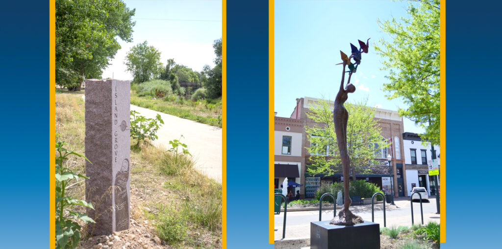 Two sculptures, one a monument and one of a person stretching their arms to the sky.