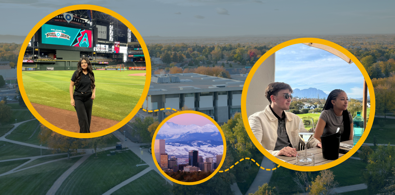 A collage of internship images, including a student on a baseball field and two students having lunch on the coast in South Africa.