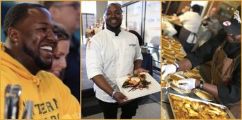 Man in chef’s uniform smiling holds plate of seafood