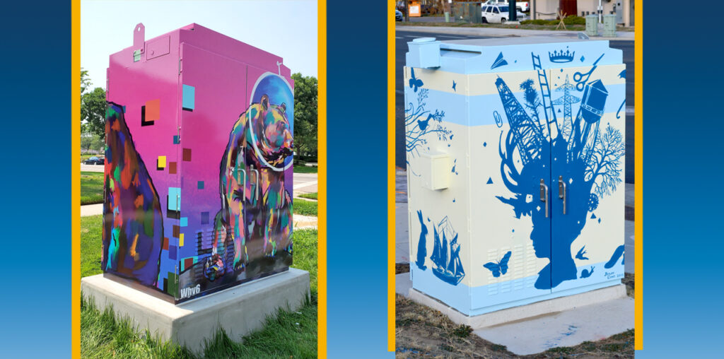 Two colorfully-painted electrical boxes.