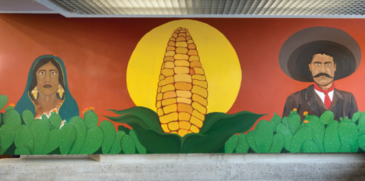 The mural “El Centro de Educación de Aztlán,” painted by Brenda Vargas