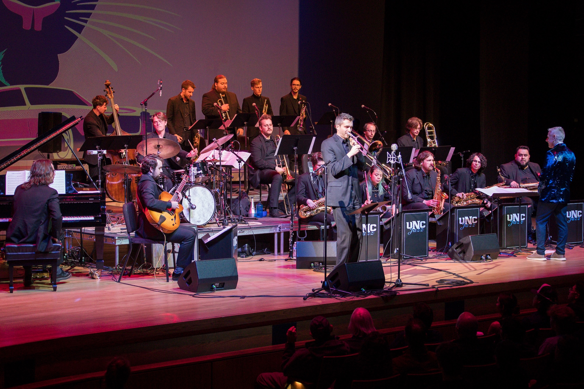 Trombone soloist playing in front of Compass Jazz Orchestra at the UNC•Greeley Jazz Festival.