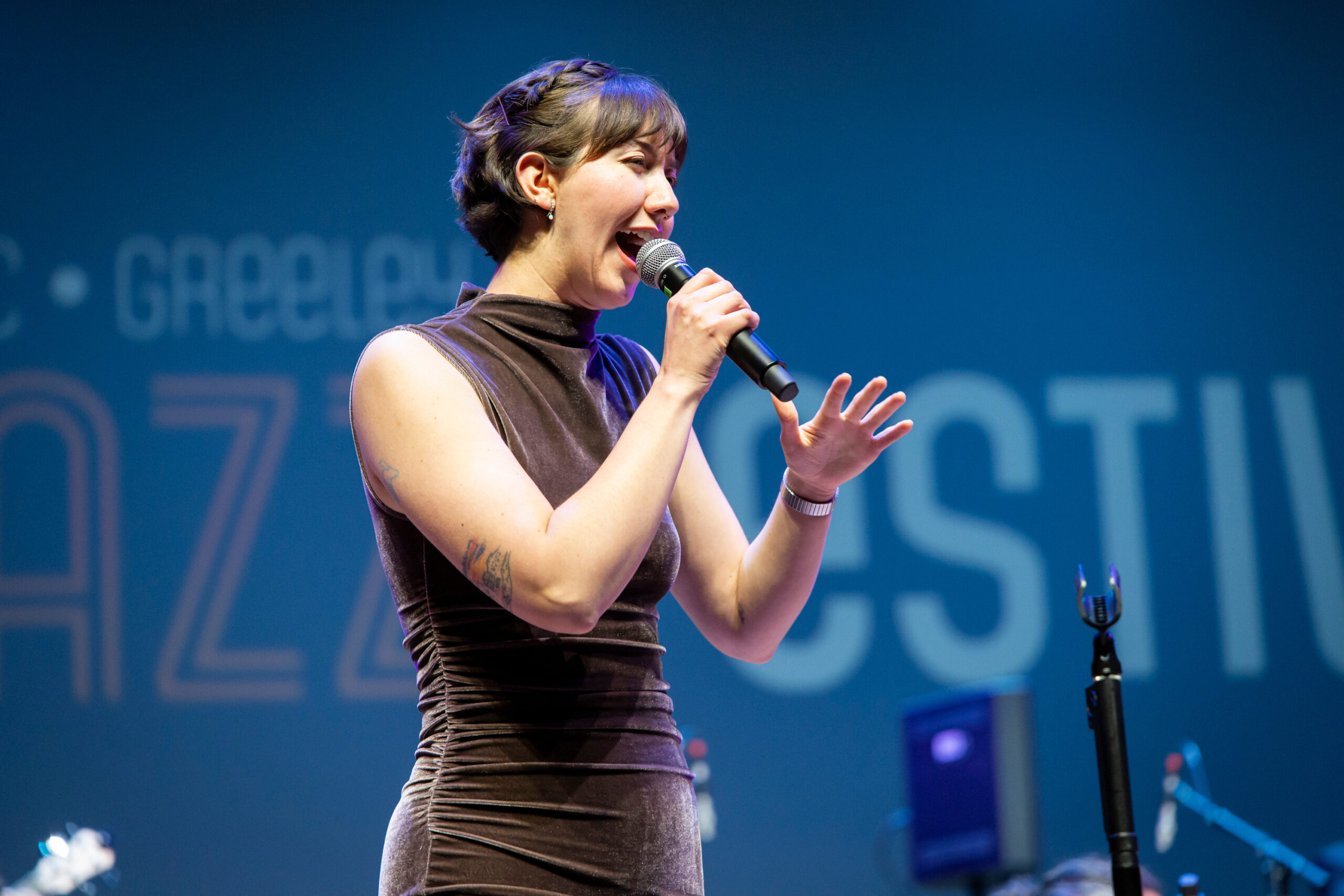 Hannah Rodriguez singing on stage at the UNC•Greeley Jazz Festival.