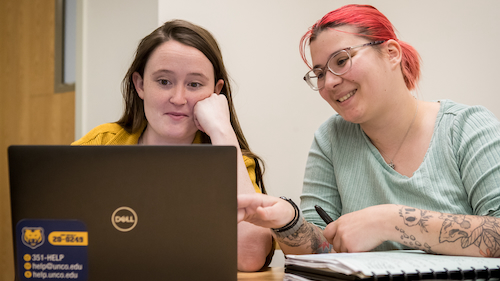 Graduate Assistant working with a student researcher looking at a laptop.