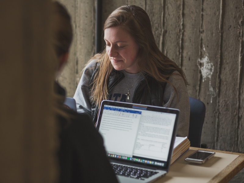 Two students work on their laptops in Michener Library.