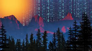 A digital data stream of binary code overlaid on a scenic mountain landscape with the Rockies in the background, blending technology with nature.
