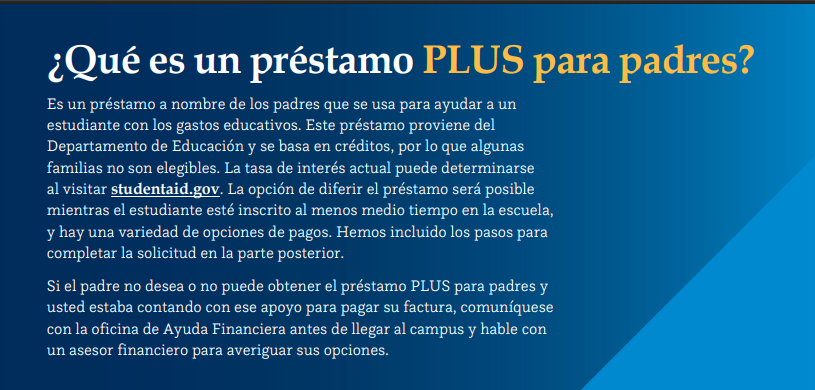 A screenshot of the Spanish version of the Parent Plus loans fact sheet