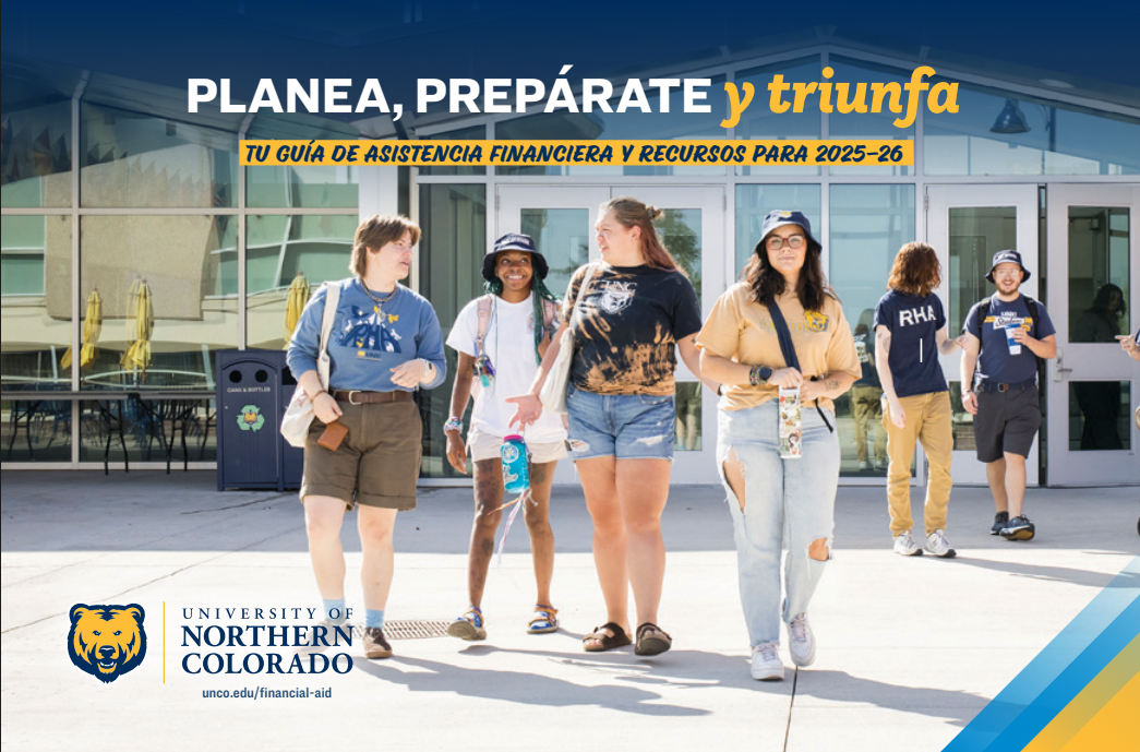Students walk outside University Center on the cover of the Spanish edition of Plan, Prepare and Succeed