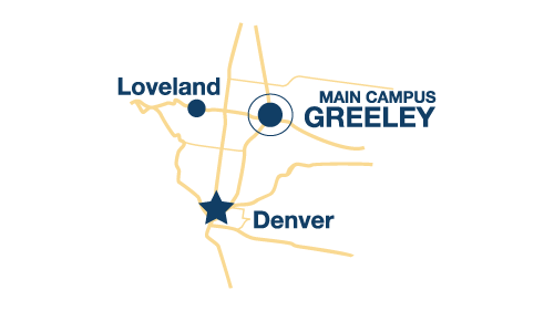 Map showing the locations of Greeley, Loveland and Denver.