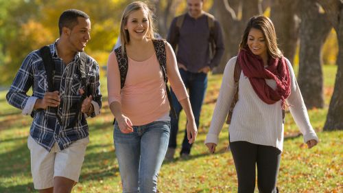 A group of three students enjoying the outdoors as they walk across campus.