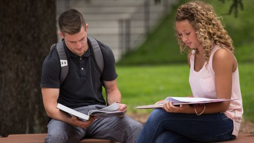 Two students sit outside while reading from notebooks.