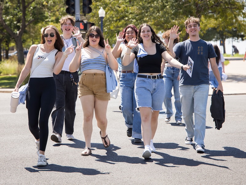 group of college students walking