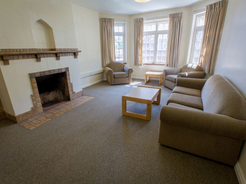 A brightly lit common space in Brown Hall