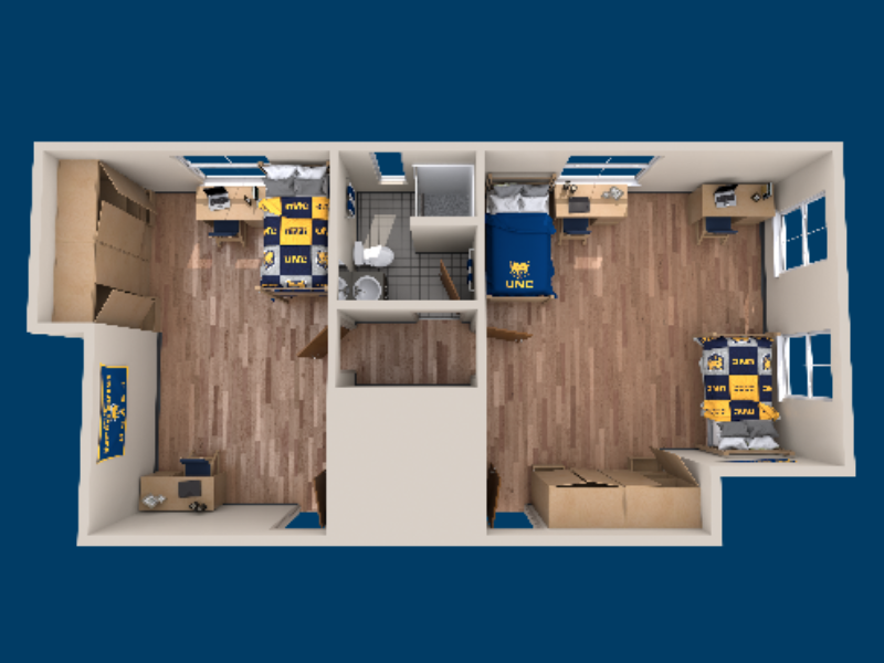A 3D rendering of a floorplan in Brown Hall.