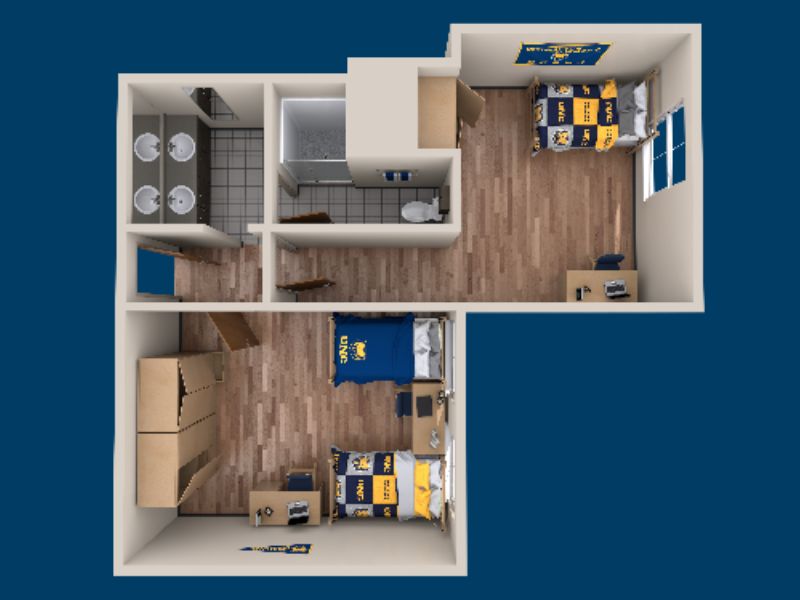 A 3D rendering of a Dickeson Hall floorplan
