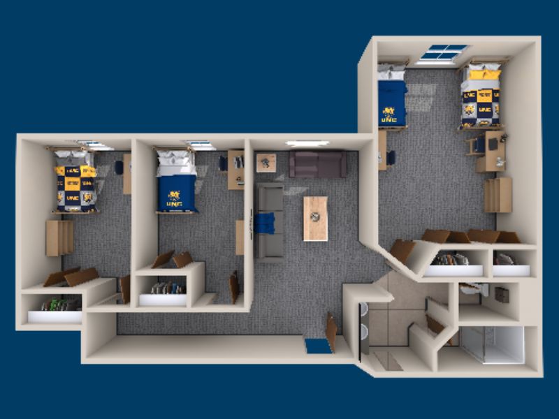 A 3D rendering of a North Hall floorplan
