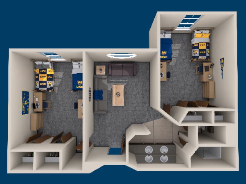 A 3D rendering of a North Hall floorplan