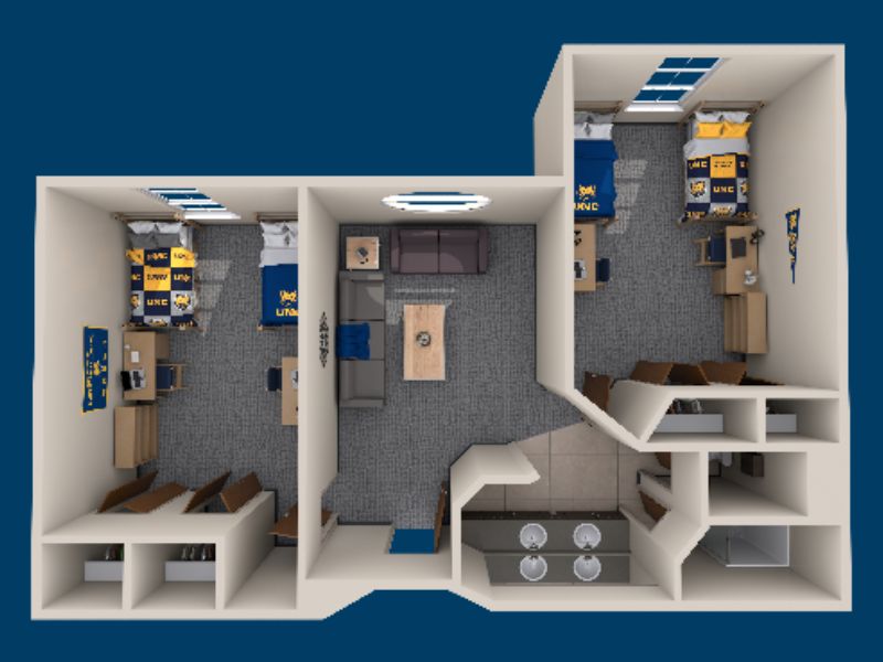 A 3D rendering of a South Hall floorplan