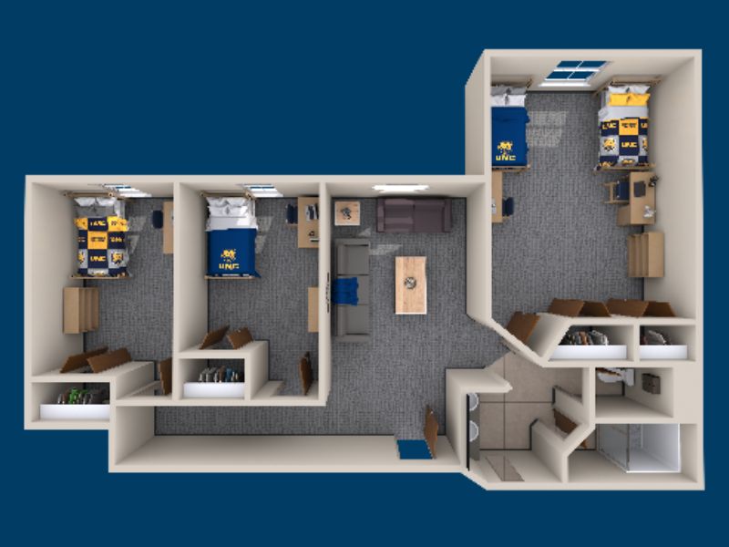 A 3D floorplan of a South Hall room