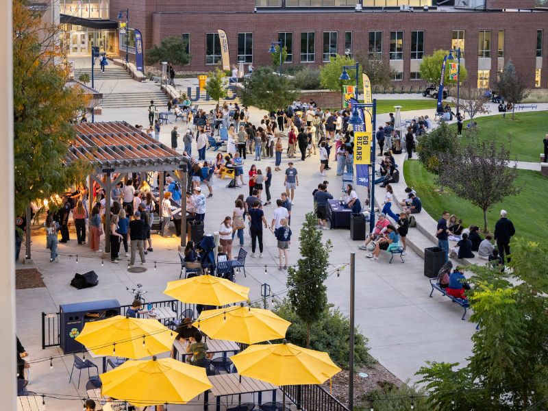 An aerial photo of a homecoming event at Boettcher Quad