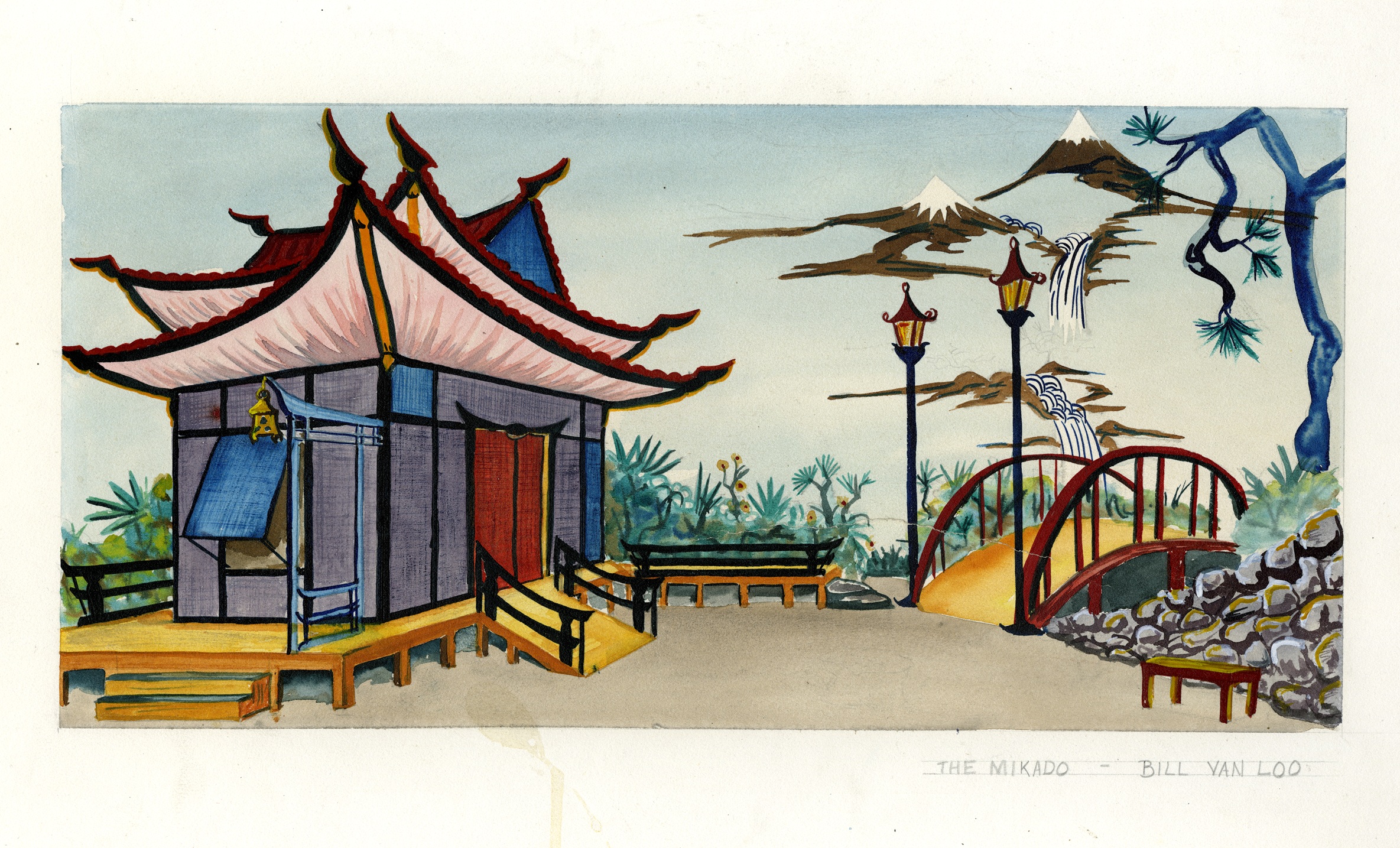 Artwork from Asia with a building, a bridge, and mountains in the distance