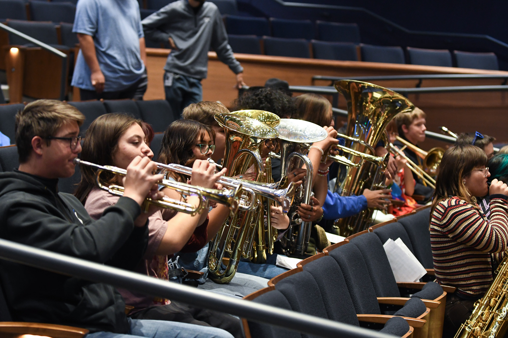 Trumpet and low brass students playing together at UNC Brass Day.