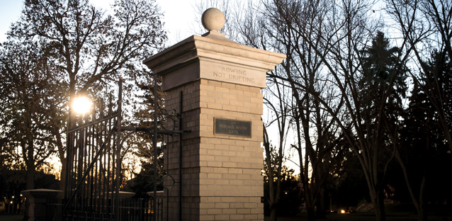 An image of a brick and metal fence outside with the sun shining through trees