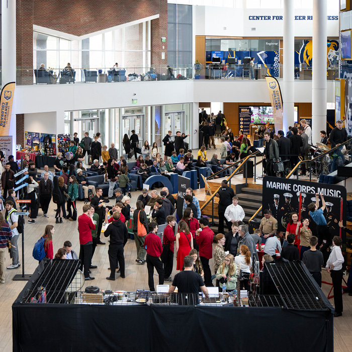 Campus Commons lobby with Jazz Festival exhibits and participants.