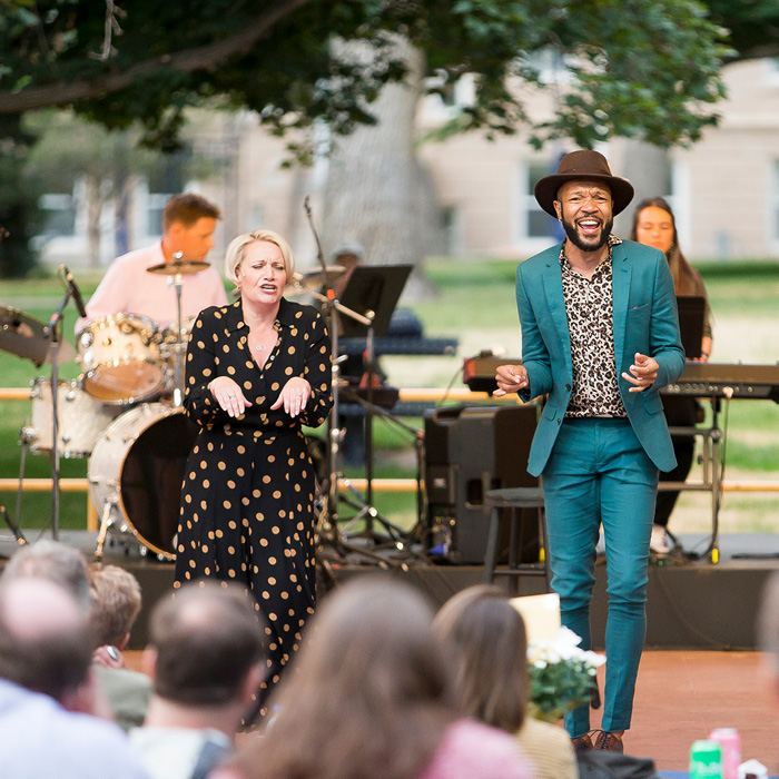 Alumni Jason Veasey and Megan Van De Hey performing at a special Little Theatre of the Rockies production at UNC Garden Theatre.