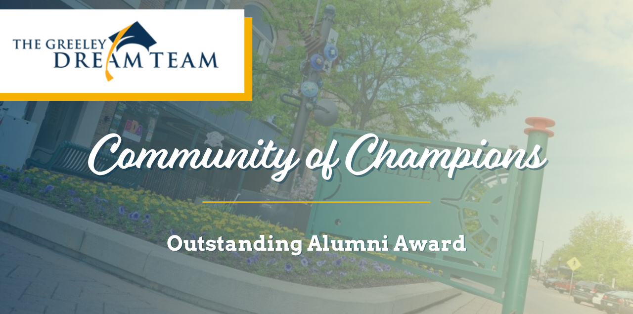 A graphic that states Community of Champions Outstanding Alumni Award