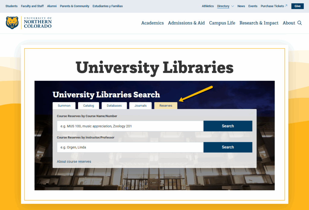 Screenshot of the search box at the top of the University Libraries home page, with an arrow pointing to the Reserves tab (the tab on the far right)