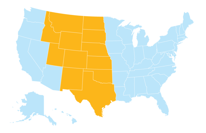 A map of the United States with the Plains to Peak participating states highlighted