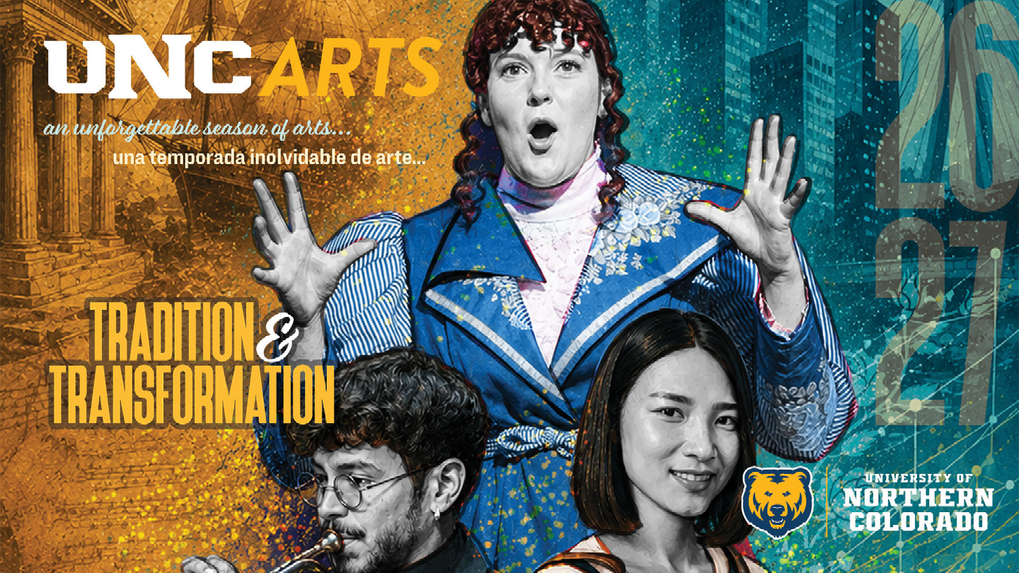 UNC Arts season graphic with an actor, a trumpet player and an artist with collage images around them.