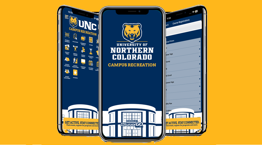 3 cell phones with different screenshots of the UNCO Rec App