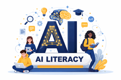 Graphic showing three students in UNC blue and gold colors surrounding the words AI Literacy