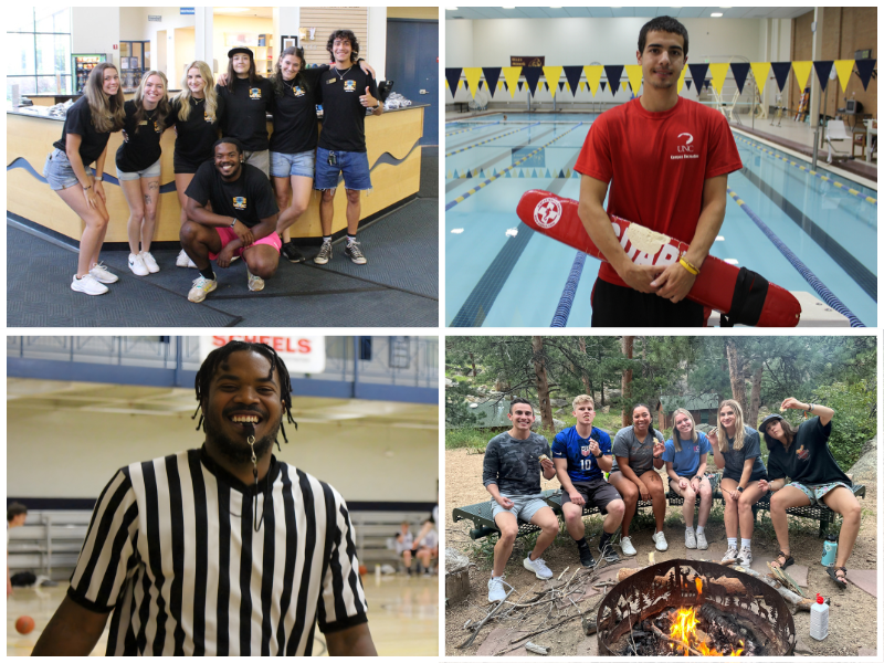 A four image collage displaying a group of student employees at the front desk, a lifeguard at the pool, a student official with a whistle, and students around a campfire.